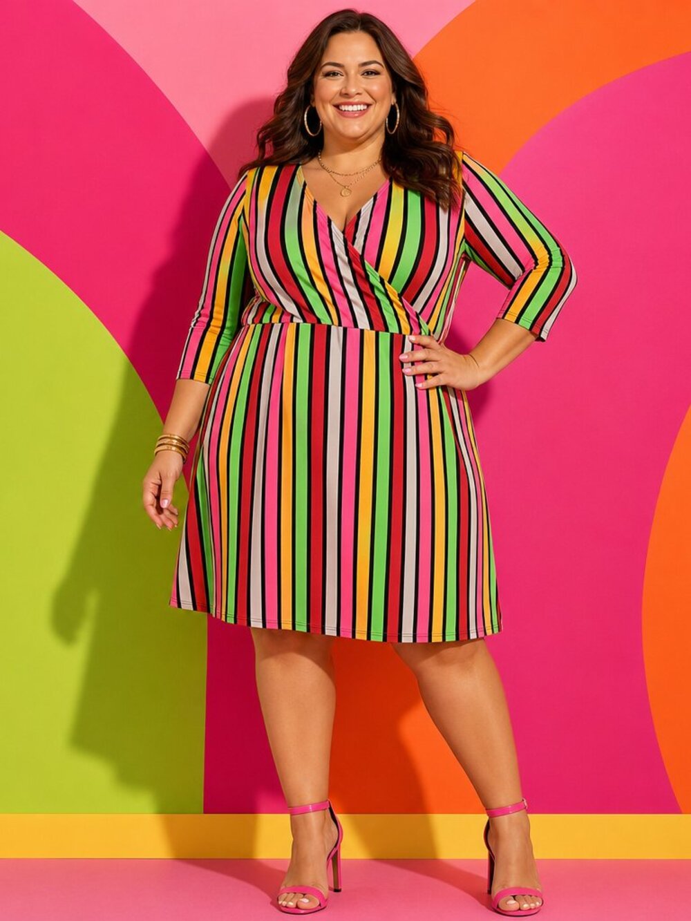 Hybrid & company Multicolor Striped Wrap Midi Dress - Pink, Green, Orange, Black
